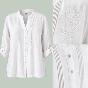 Symple NYC Womens White‎ 100% Linen Embroidered Pintuck Roll Tab Blouse Top